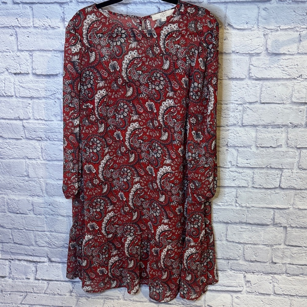 LOFT Red Paisley Long Sleeve Dress